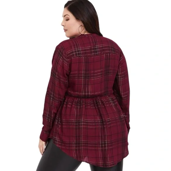 Womens High-low Burgundy Plaid Button-Front Peplum Shirt - Picture 3 of 11
